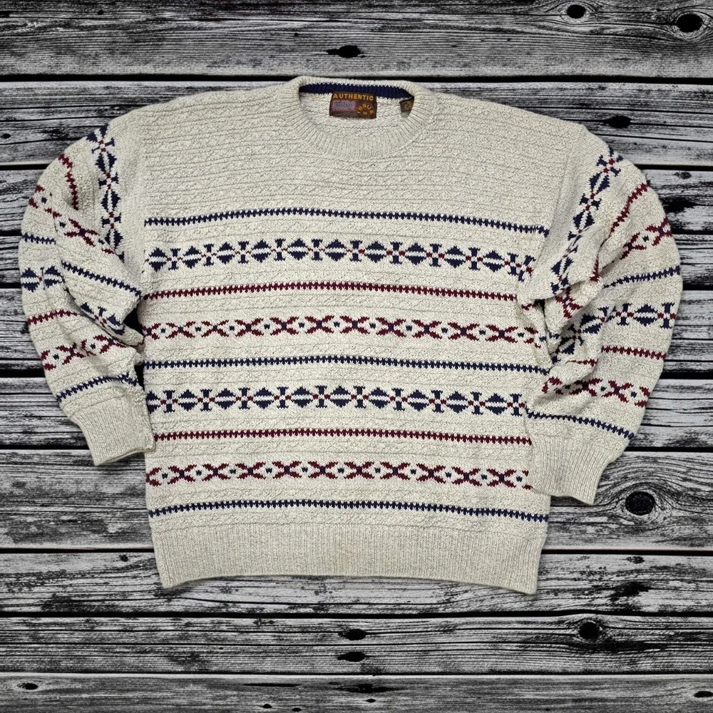 Authentic Issue 90 Vintage Mens Large Cotton Knit Fair Isle Sweater Made in USA